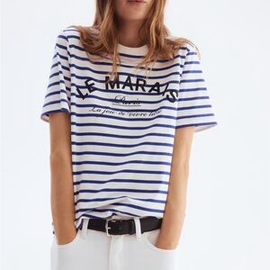 H&M White and Blue Striped Graphic Tee